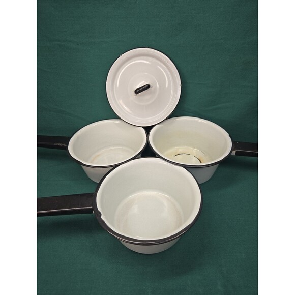 Vintage Enamelware White & Black Enamel 6" Pots Set of 3 with 1 Lid Sauce Soup - Picture 2 of 12